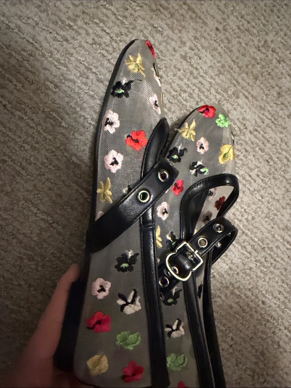 Women's Floral Embroidered Mary Jane Flats - Gray with Multicolor Flowers 7.5